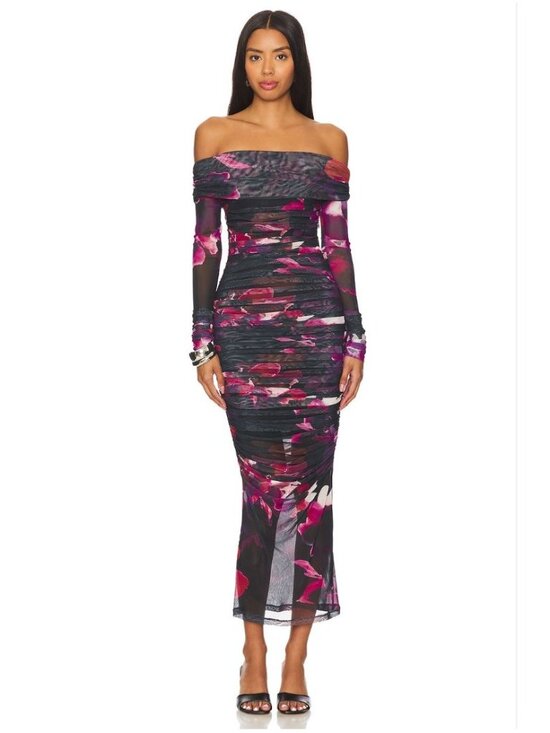 NICHOLAS Dresses & Skirts - NICHOLAS Oaklyn Off Shoulder Shirred Midi Dress Blur Floral Magenta NWT - Size 2